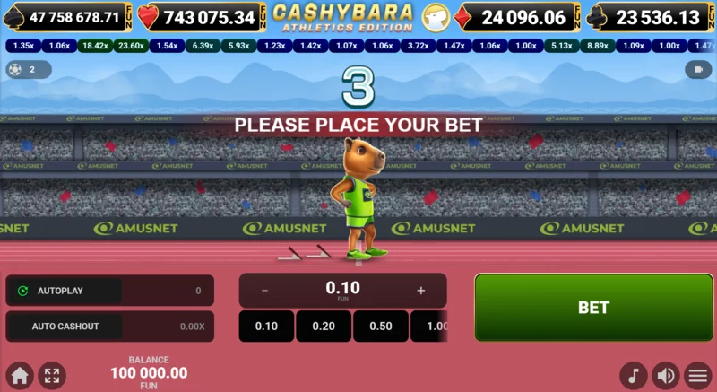 Cashybara Athletics Edition - главен екран на трката со бројач на коефициенти